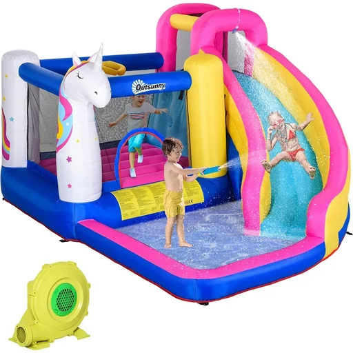 "Children's bouncy castle with slide and colorful pool image"
