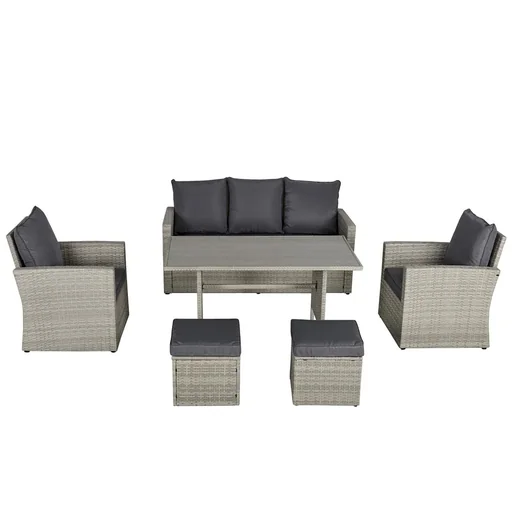 "Poly rattan seating group 6 pcs. Garden dining group sofa set sofa lounge stool yard balcony pool PE rattan gray image"