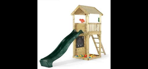 "Wooden observation tower outdoor play tower for children made of wood, climbing wall, slide, sandpit, chalkboard, natural image"