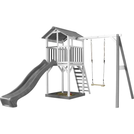 "Beach Tower play tower with single swing - grey slide image"
