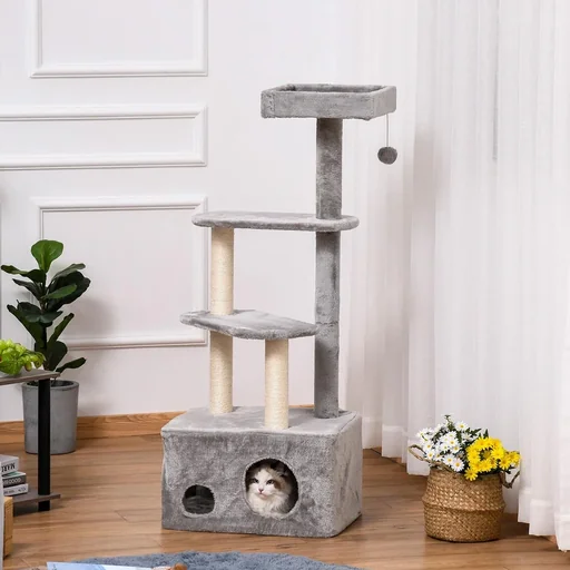 "Scratching post with cat cave Ball toy Cat tree Climbing tree for cats Multi-level multi-activity center E1 MDF Sis image"