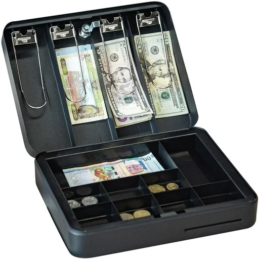 "Money box with coin compartments, black image"
