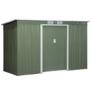 Tool shed, garden house, tool shed with sliding door, ventilation window, pent roof, outdoor, steel, light green, 277 x 130 x
