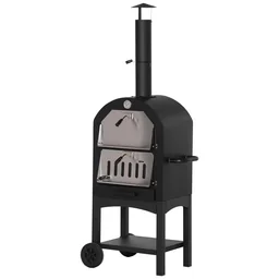 2-in-1 pizzaoven outdoor met wielen 3-laags houtoven voor BBQ staal zwart+zilver