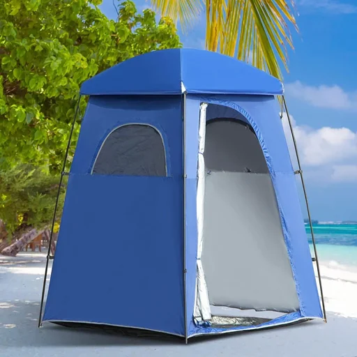 "Shower tent with grid - incl. floor mat and carrying bag - blue - 1.7 x 1.7 x 2.2 cm image"