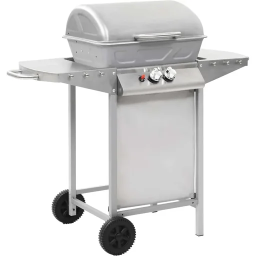 "Gas grill and grill with 2 cooking zones made of stainless steel silver image"