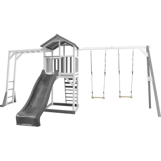 "Beach Tower play tower with climbing frame and double swing - grey slide image"