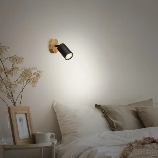 "Vintage spotlight 1-flame, black with wooden canopy, GU10 socket image"