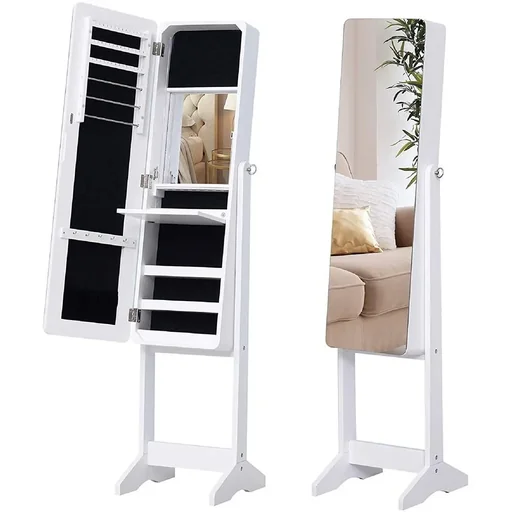 "Mirror cabinet LED jewelry cabinet with interior mirror, foldable shelf, standing mirror, white image"