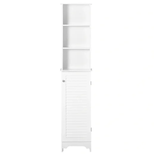"Bathroom cabinet with height-adjustable shelf Bathroom furniture with louvre door Bathroom tall cabinet MDF chipboard white 34 x image"