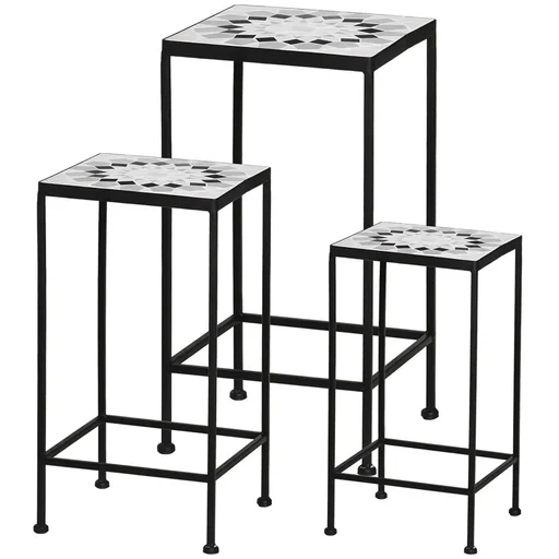 "Flower stand set of 3 made of metal ceramic tiles stackable plant stool for flower pot black + white image"