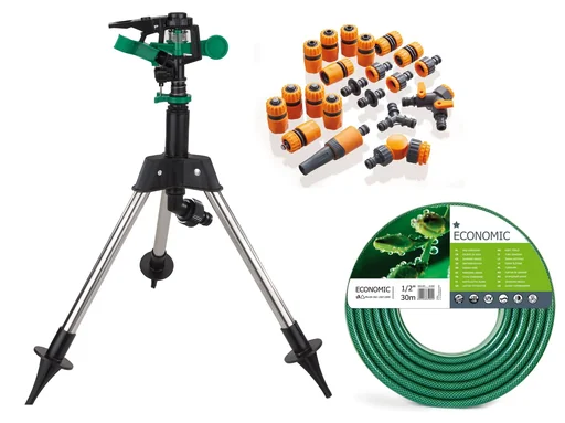 "Garden hose + hose connector set + lawn sprinkler image"