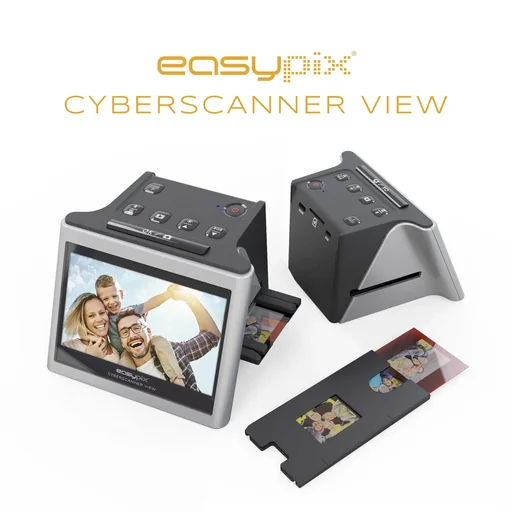 "3-in-1 slide and film scanner with 14MP sensor, easy handling, 5", 12.7cm display, up to 22MP resolution image"