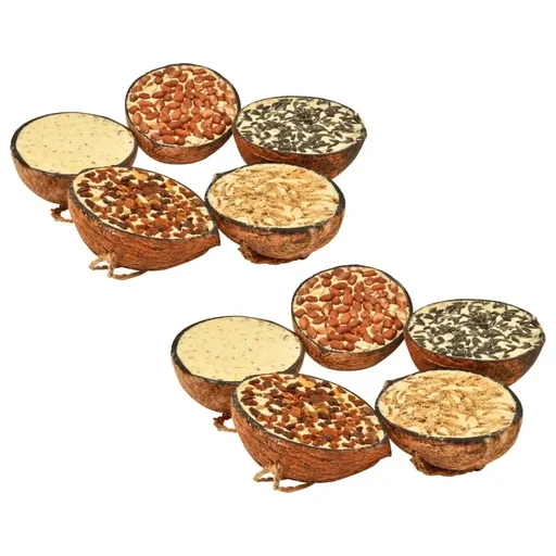"Bird food filled with half coconuts image"