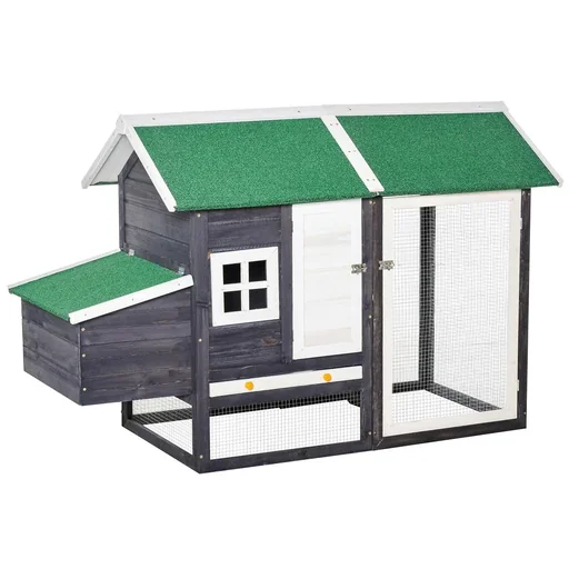 "Chicken coop modern chicken house with nesting box and a fully covered playpen, gray, fir wood, metal wire, As image"