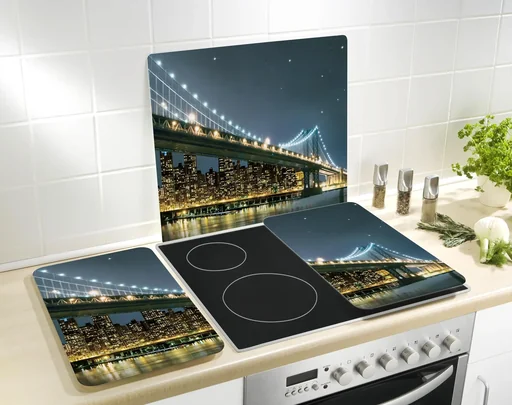 "3-in-1 stove cover plates, cutting boards, worktops, glass, Brooklyn Bridge design, each 52 x 30 cm, set of 2 image"