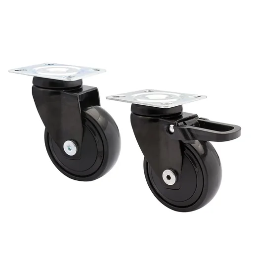 "Design 3C swivel castors 4-piece set - Ø 75 mm, soft, black, 2 castors with & 2 without brakes, load capacity 75 kg / castor image"