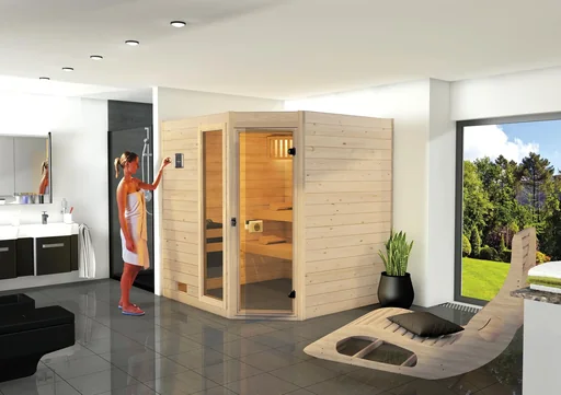 "Solid wood sauna VALIDA corner 2 glass doors + windows image"