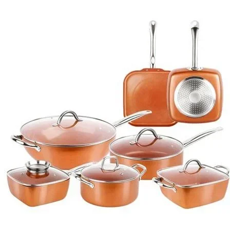 "L 12-piece cookware set - including lid - wok pan, saucepan, grill pan, frying pan - copper - aluminum image"