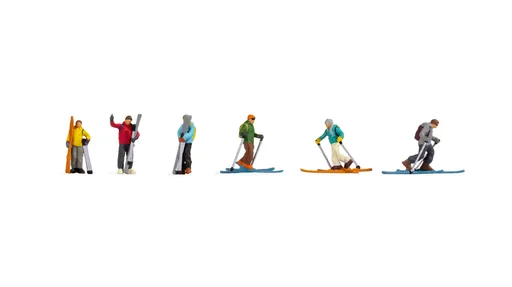 "Ski tourers, 3 figures on skis + 3 figures carrying skis, H0 gauge image"
