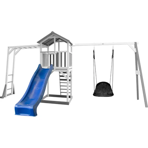 "Beach Tower play tower with climbing frame and Roxy nest swing - blue slide image"